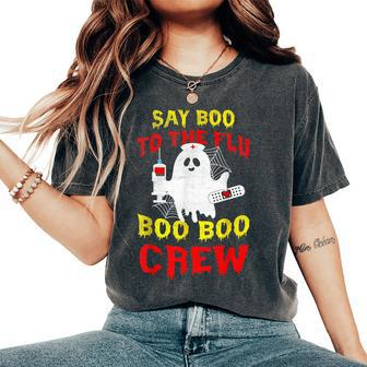 Say Boo To The Flu Boo Boo Crew Cute Ghost Halloween Nurse Women's Oversized Comfort T-Shirt | Mazezy