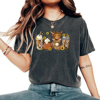 Scottish Highland Cow Sunflower Fall Vibes Coffee Lover Women's Oversized Comfort T-Shirt - Monsterry AU