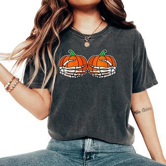 Skeleton Hand On Chest Pumpkin Boobs Halloween Boob Women Women Oversized Print Comfort T-shirt | Mazezy