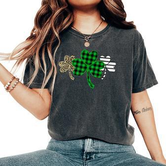 St Patricks Day Clover Plaid Leopard And Stripe Printed Women's Oversized Comfort T-shirt | Mazezy AU