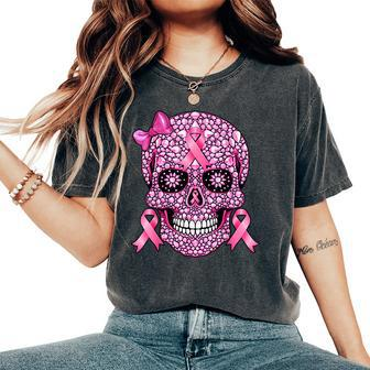 Sugar Skull Pink Ribbon Breast Cancer Awareness Girls Women's Oversized Comfort T-Shirt - Seseable