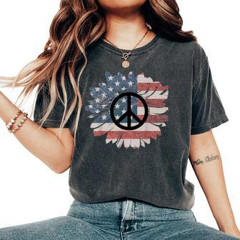 Sunflower Peace Sign Patriotic Memorial Day July 4 Women's Oversized Comfort T-shirt | Mazezy