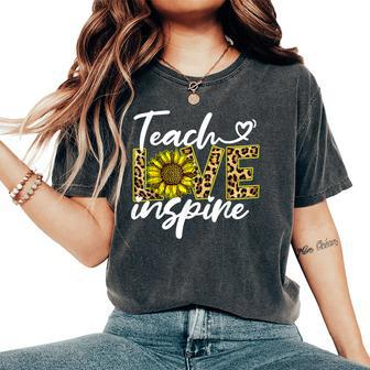Teach Love Inspire Sunflower Leopard Back To School Teacher Women's Oversized Comfort T-Shirt - Seseable