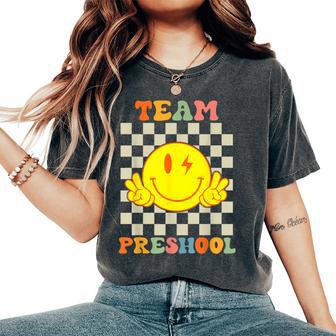 Team Preschool Smile Face Retro Groovy Back To School Women's Oversized Comfort T-Shirt - Seseable