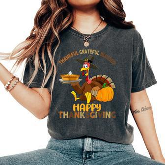 Thankful Grateful Blessed Happy Thanksgiving Girls Turkey Women's Oversized Comfort T-Shirt - Seseable