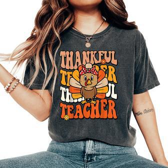 Thankful Teacher Retro Groovy Thanksgiving Turkey Teacher Women's Oversized Comfort T-Shirt - Monsterry DE