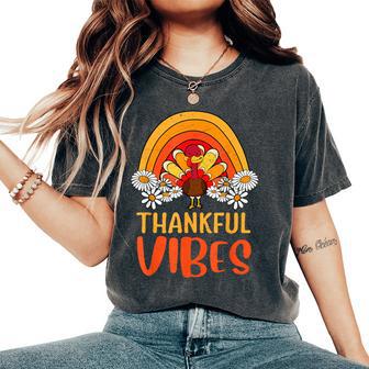 Thankful Vibes Turkey Retro Groovy Thanksgiving Rainbow Women's Oversized Comfort T-Shirt - Thegiftio UK