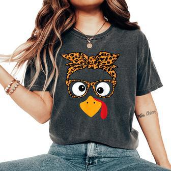 Thanksgiving Turkey Face Leopard Print Glasses Autumn Fall Women's Oversized Comfort T-Shirt - Monsterry CA