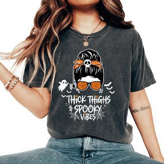 Thick Thighs And Spooky Vibes Messy Bun Girl Halloween Women's Oversized Comfort T-Shirt - Thegiftio UK