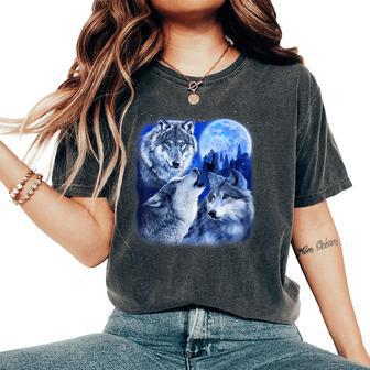 Three Wolves 3 Grey Wolf Howling At The Moon Wild Animal Women's Oversized Comfort T-Shirt - Seseable