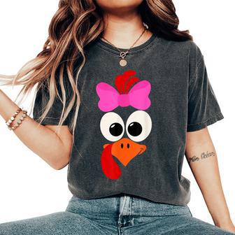 Turkey Face Girl Leopard Bow Thanksgiving Costume Turkey Women's Oversized Comfort T-Shirt - Seseable