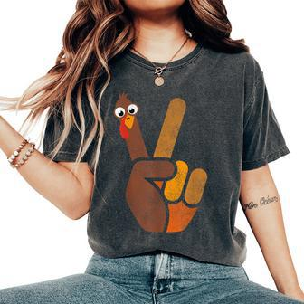 Turkey Hippie Peace Sign Graphic Fall Thanksgiving Women's Oversized Comfort T-Shirt - Monsterry DE