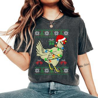 Ugly Christmas Chicken Sweater Santa Hat Lights Women's Oversized Comfort T-Shirt - Seseable