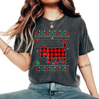Ugly Christmas Red Plaid Basset Hound Dog Lover Matching Pj Women's Oversized Comfort T-Shirt | Mazezy