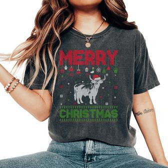 Ugly Holiday Sweater Christmas Highland Cow Graphic Women's Oversized Comfort T-Shirt - Seseable