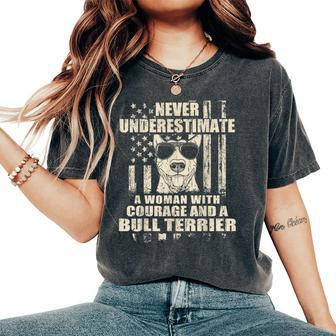 Never Underestimate Woman And A Bull Terrier Usa Flag Women's Oversized Comfort T-Shirt - Thegiftio UK