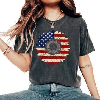 Us Flag Vintage Sunflower Leopard Patriotic 4Th Of July Girl Women's Oversized Comfort T-shirt | Mazezy