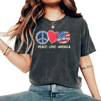 Usa 4Th Of July Peace Love Sunflower America Patriotism Women's Oversized Comfort T-shirt | Mazezy