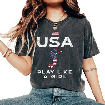 Usa Flag Play Like Girl Volleyball Vintage Patritotic Women Women's Oversized Comfort T-Shirt | Mazezy