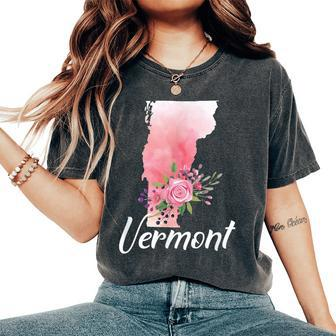Vermont State Floral Watercolor Map Girls Women's Oversized Comfort T-shirt | Mazezy