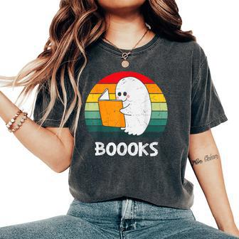 Vintage Halloween Booooks Cute Ghost Reading Books Teacher Women's Oversized Comfort T-Shirt - Seseable
