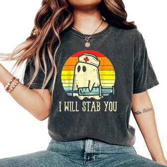 Vintage Retro I Will Stab You Ghost Nurse Halloween Spooky Women's Oversized Comfort T-Shirt - Seseable