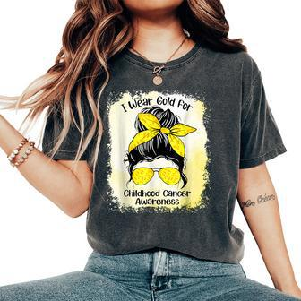 I Wear Gold For Childhood Cancer Awareness Messy Bun Women's Oversized Comfort T-Shirt - Seseable