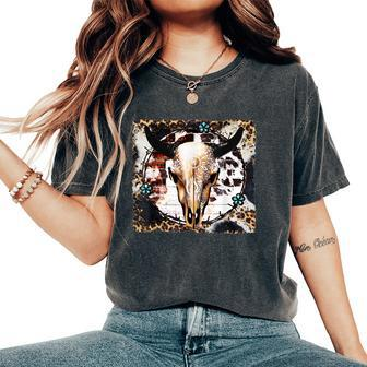 Western Leopard Cow Bull Skull Boho Bohemian Cowgirl Rodeo Women's Oversized Comfort T-shirt | Mazezy