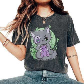 Yami Kawaii Cat With Goth Teddy Bear For Cute Horror Fans Teddy Bear Women's Oversized Comfort T-Shirt | Mazezy