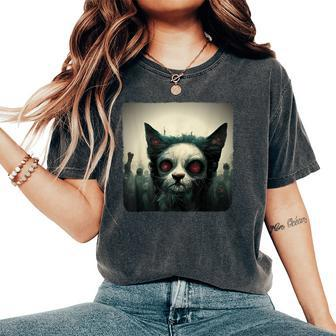 Zombie Cat Aesthetic Evil Scary Horror Halloween Halloween Women's Oversized Comfort T-Shirt | Mazezy