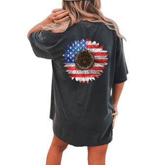 American Flag Sunflower Graphic 4Th Of July Independence Day Women's Oversized Comfort T-Shirt Back Print | Mazezy