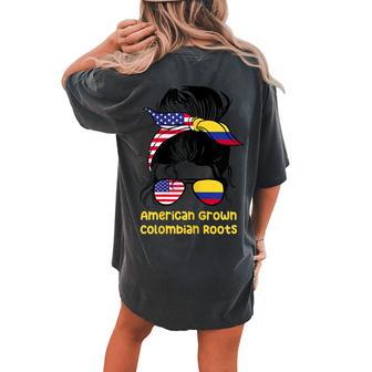 American Grown With Colombian Roots Heritage Messy Bun Women's Oversized Comfort T-Shirt Back Print | Mazezy