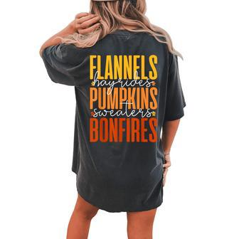 Autumn Fall Flannels Hayrides Pumpkins Sweaters Bonfires Women's Oversized Comfort T-shirt Back Print - Thegiftio UK