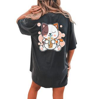 Boba Tea Cat Neko Anime Bubble Tea Girls Kawaii Women's Oversized Comfort T-shirt Back Print | Mazezy