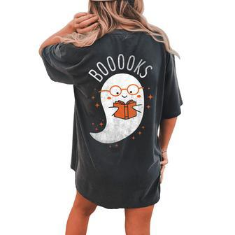 Booooks Ghost Funny Halloween Teacher Book Library Reading Gift For Women Women's Oversized Graphic Back Print Comfort T-shirt - Thegiftio UK