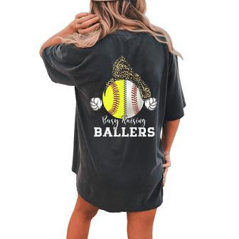 Busy Raising Ballers Baseball Softball Bandana Mom Leopard Women's Oversized Comfort T-Shirt Back Print | Mazezy