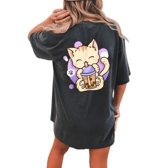Cat Boba Anime Bubble Tea Neko Girls Kawaii Girls N Women's Oversized Comfort T-shirt Back Print | Mazezy