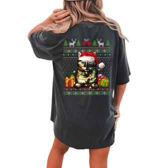 Cat Lover Tortoiseshell Cat Santa Hat Ugly Christmas Sweater Women's Oversized Comfort T-shirt Back Print - Monsterry