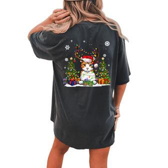 Cat Lovers Cute Eagean Cat Santa Hat Ugly Christmas Sweater Women's Oversized Comfort T-shirt Back Print - Seseable