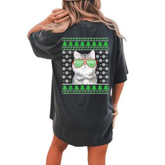 Cat With Sunglasses Meowy Ugly Christmas Sweater Women's Oversized Comfort T-shirt Back Print - Seseable