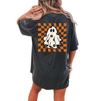 Checkered Daisy Ghost Retro Floral Ghost Halloween Costume Women's Oversized Comfort T-shirt Back Print - Seseable