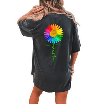 Christian Faith Cross Rainbow Daisy Flower Lgbt Gay Pride Women's Oversized Comfort T-Shirt Back Print | Mazezy
