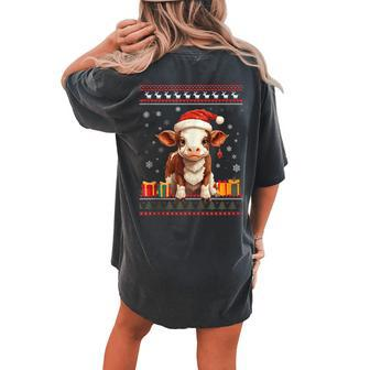 Christmas Cow Santa Hat Ugly Christmas Sweater Women's Oversized Comfort T-shirt Back Print - Monsterry