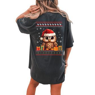 Christmas Owl Santa Hat Ugly Christmas Sweater Women's Oversized Comfort T-shirt Back Print - Seseable