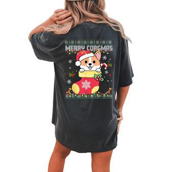 Corgi Ugly Christmas Sweater Merry Corgmas Stocking Santa Women's Oversized Comfort T-shirt Back Print - Monsterry