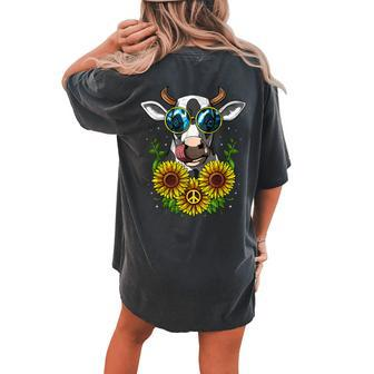 Cow Sunflowers Hippie Farm Animal Peace Floral Women Women's Oversized Comfort T-Shirt Back Print | Mazezy