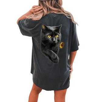 Cute Black Cat With Yellow Eyes And Sunflower Cats Lover Women's Oversized Comfort T-Shirt Back Print | Mazezy