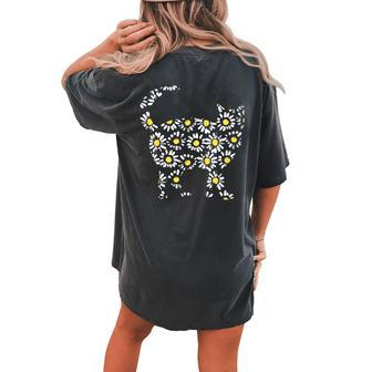 Cute Daisy Floral Print Cat Silhouette Womens Tops Cat Crazy Women's Oversized Comfort T-Shirt Back Print | Mazezy