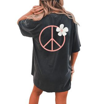 Cute Fun Pink Coral Peace Sign With White Daisy Flower Women's Oversized Comfort T-Shirt Back Print | Mazezy