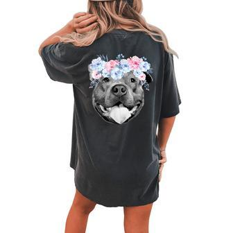Cute Pitbull Face Floral Watercolor Flower Pittie Mom Women's Oversized Comfort T-Shirt Back Print | Mazezy